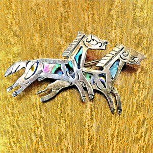 Mexican Silver 925 Horse Brooch Pin Abalone Insert Signed Vintage